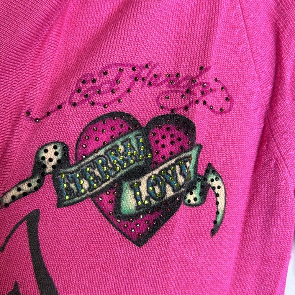 💖Eternal Love by Ed Hardy pink long sleeve hooded knit sweater Sz Small - Picture 3 of 15